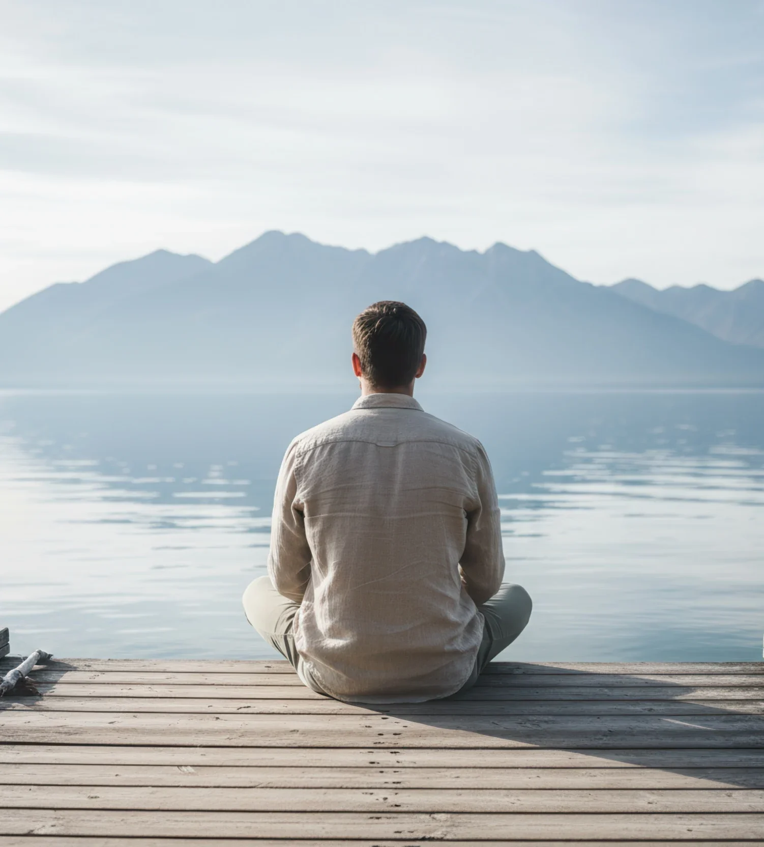 Man meditating on a wooden pier looking at a mountain lake. Back view of a person relaxing in nature. Solitude and mindfulness concept